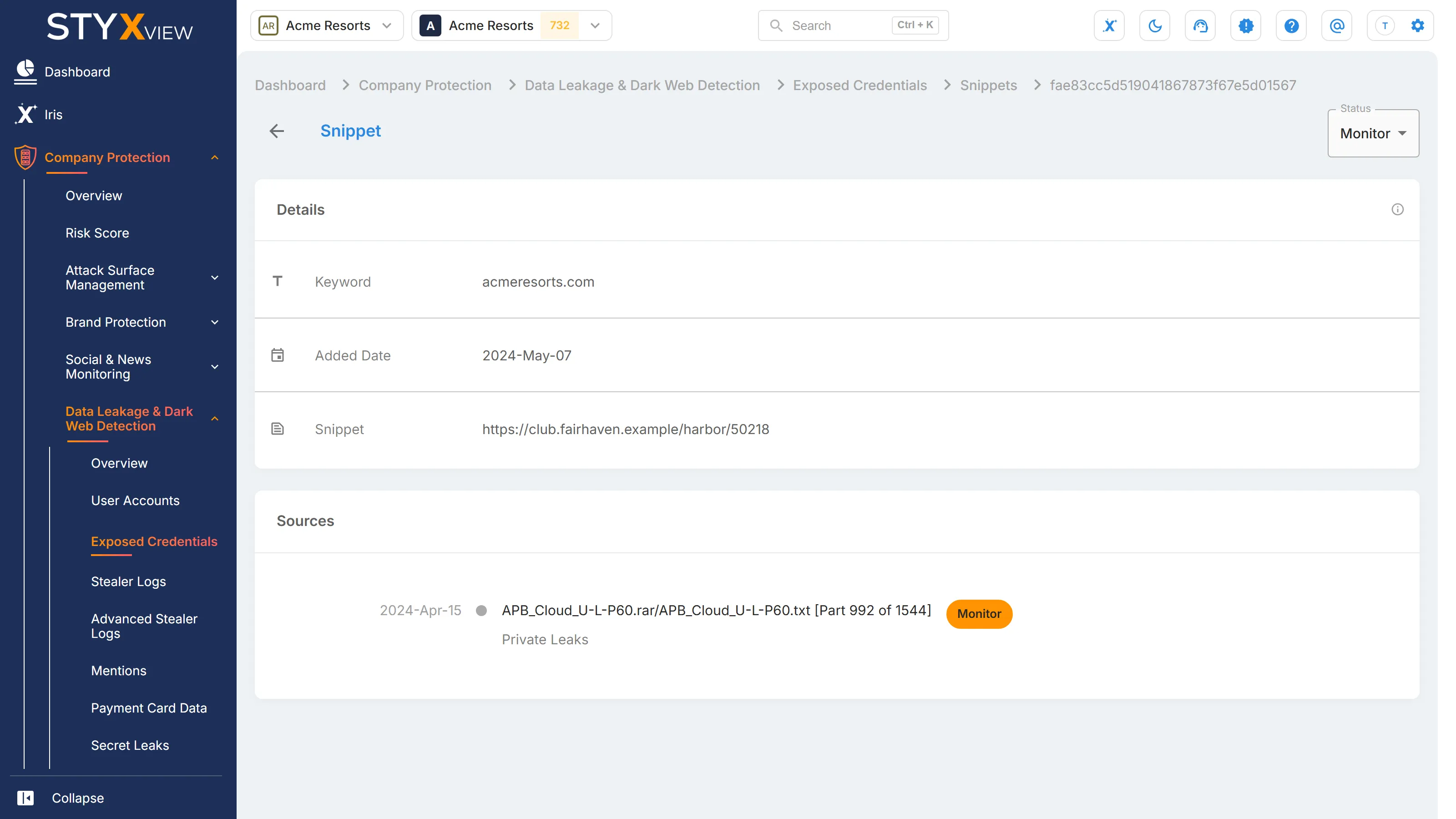 The page of one snippet, with the review "Status" list and the "Details" card showing its "Keyword", "Added Date", and the "Snippet" as found.