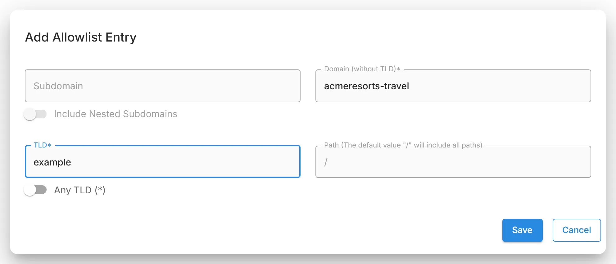The "Add Allowlist Entry" dialog with an example domain entered, with "Subdomain", "Domain (without TLD)", "TLD", and "Path".