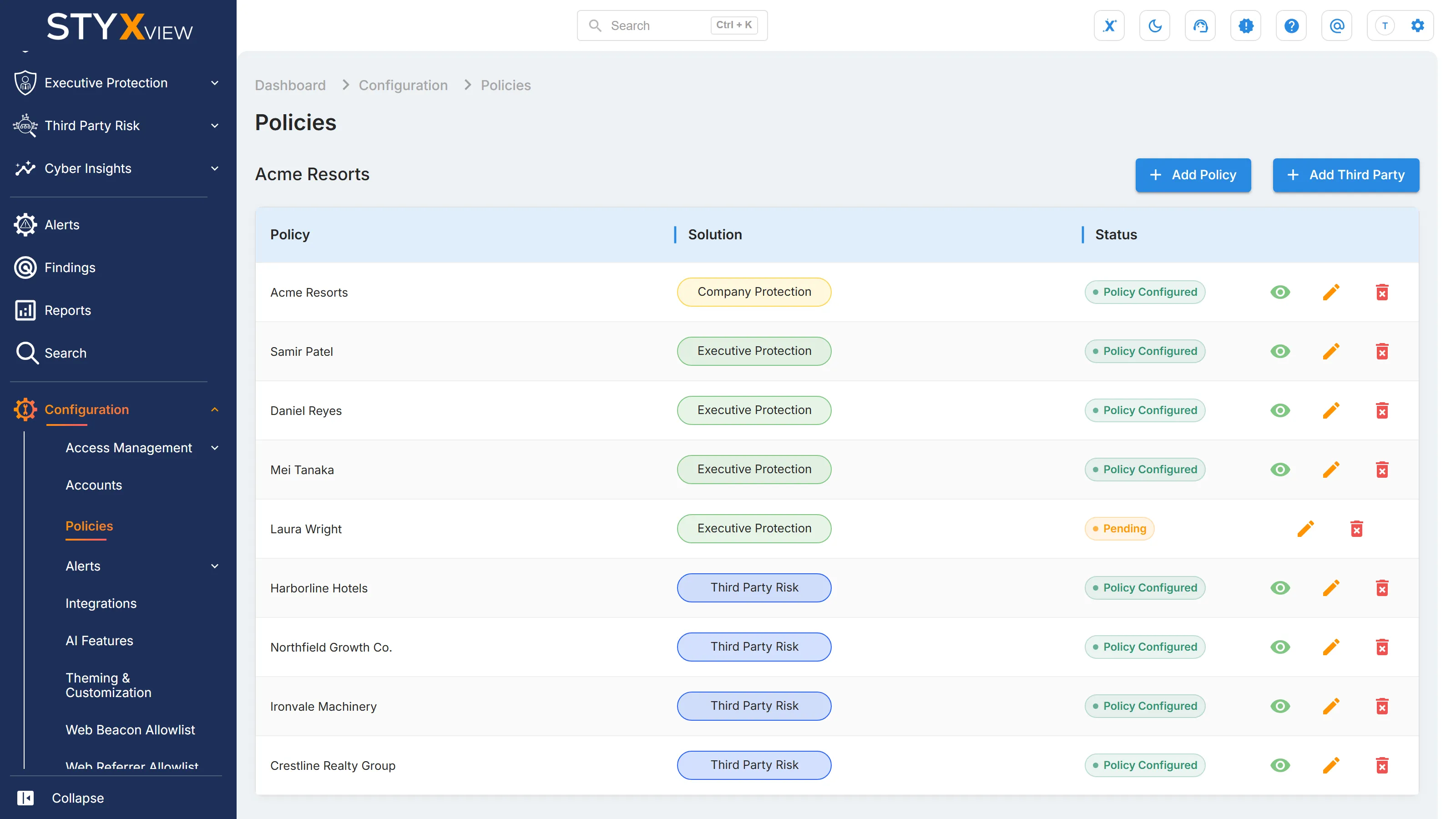 The "Policies" page, with each account's "Add Policy" and "Add Third Party" buttons above its table of policies.