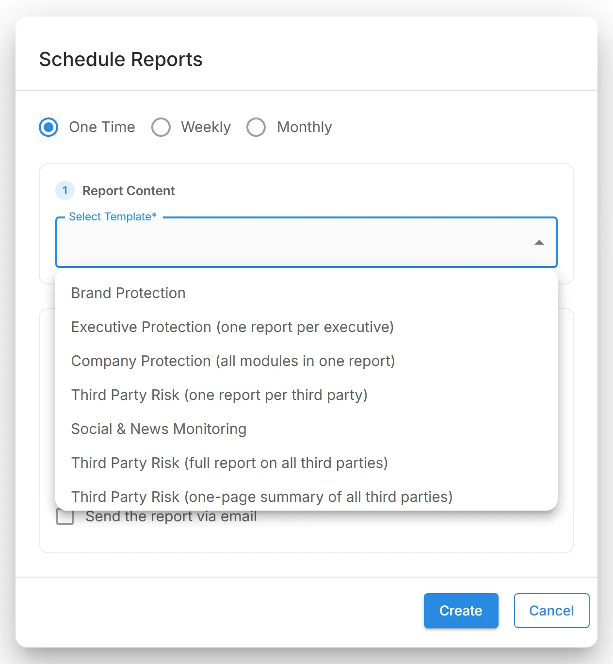 The "Select Template" list open in the "Schedule Reports" dialog, showing the report templates for the account's solutions.