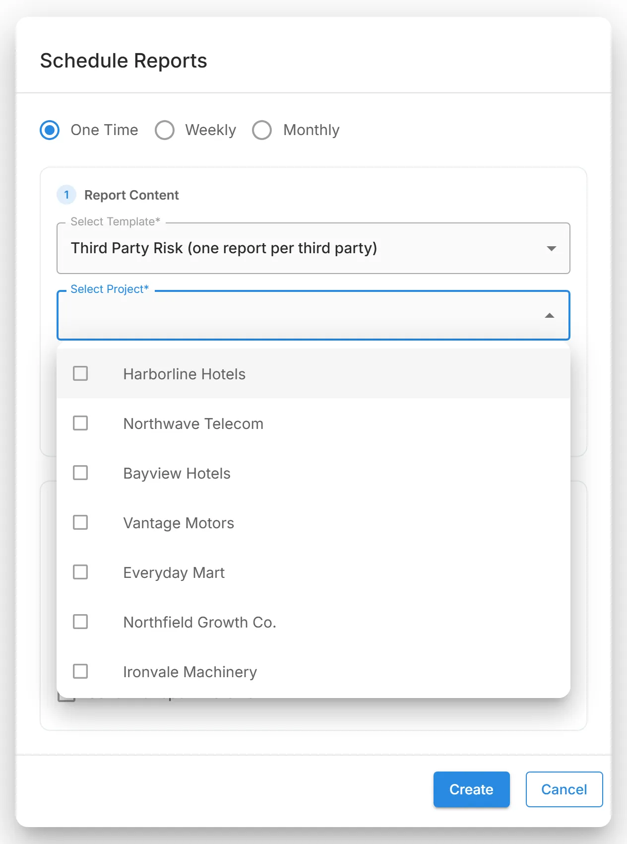 The "Select Project" list in the "Schedule Reports" dialog, after "Third Party Risk (one report per third party)" is chosen.