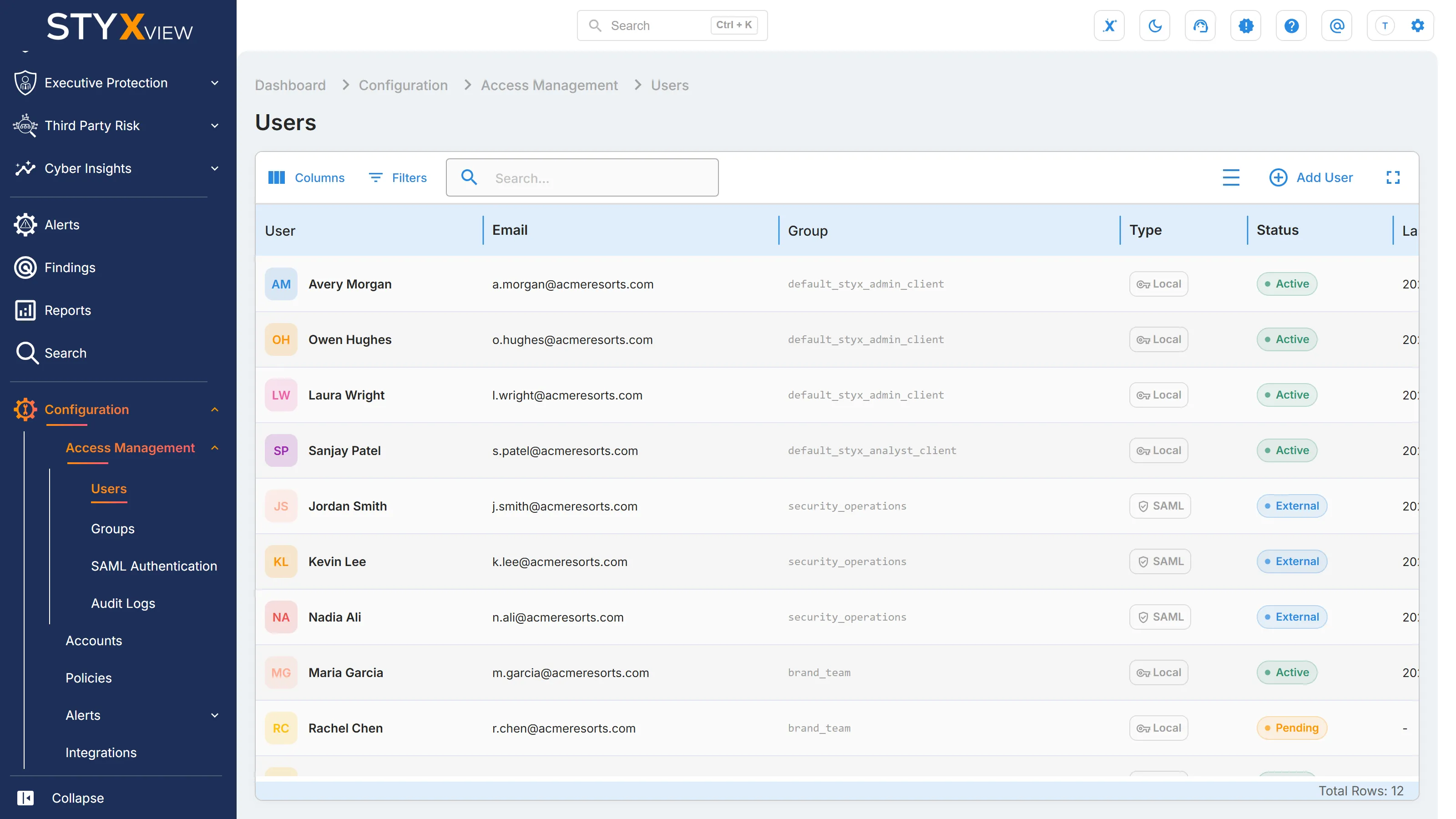The "Users" list, with each user's name, email, group, sign-in type, and status.