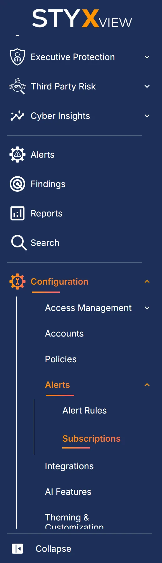 The sidebar with "Configuration" and "Alerts" expanded and "Subscriptions" selected.
