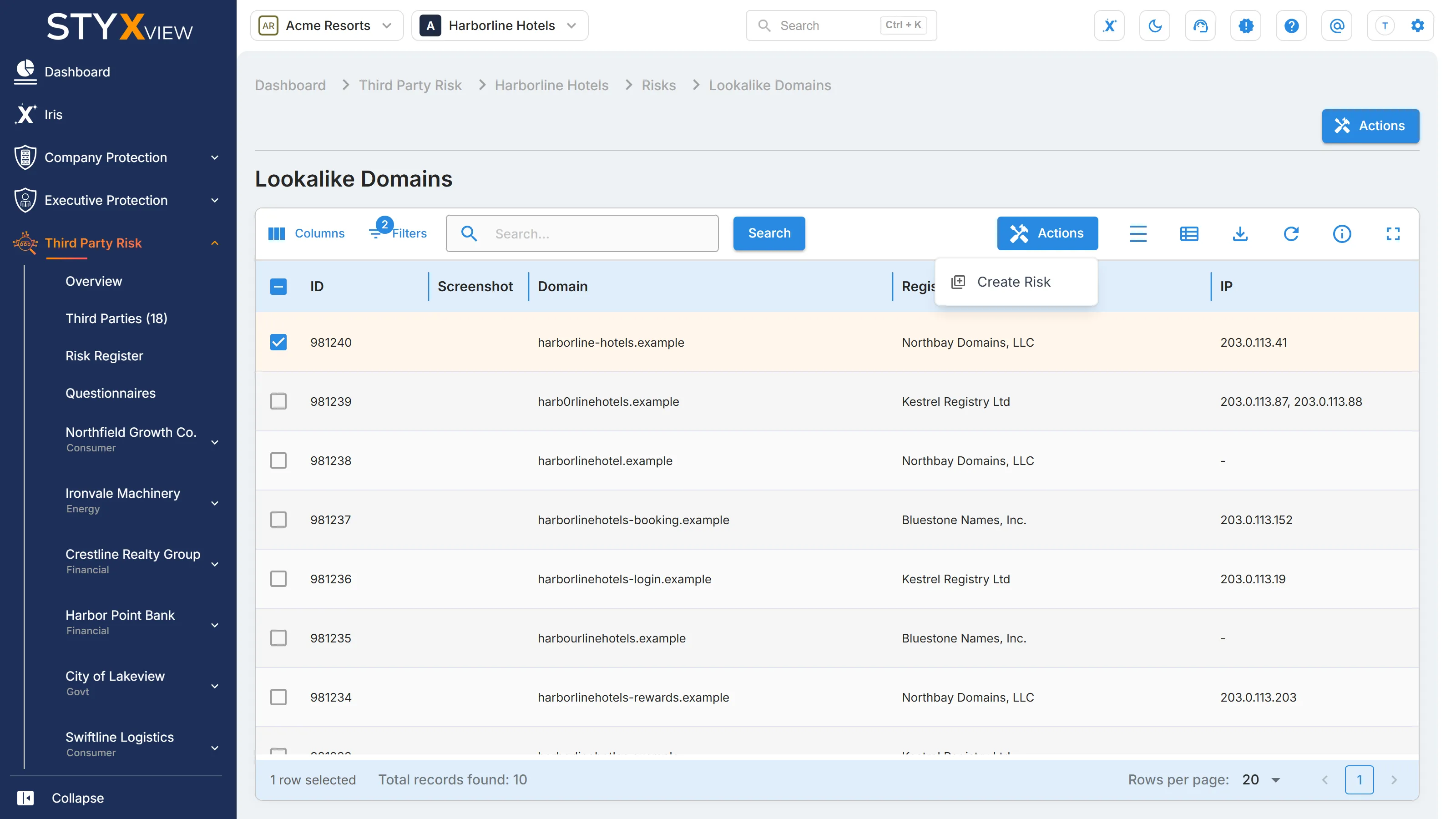 The "Lookalike Domains" grid for one third party, under "Third Party Risk", with a finding selected and "Actions" open on "Create Risk", its only action.
