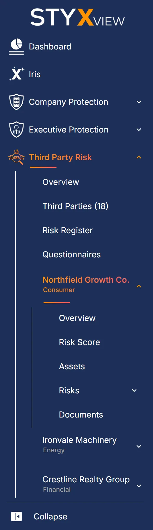 The sidebar with "Third Party Risk" expanded and one third party's entry open, showing "Overview", "Risk Score", "Assets", "Risks", and "Documents".