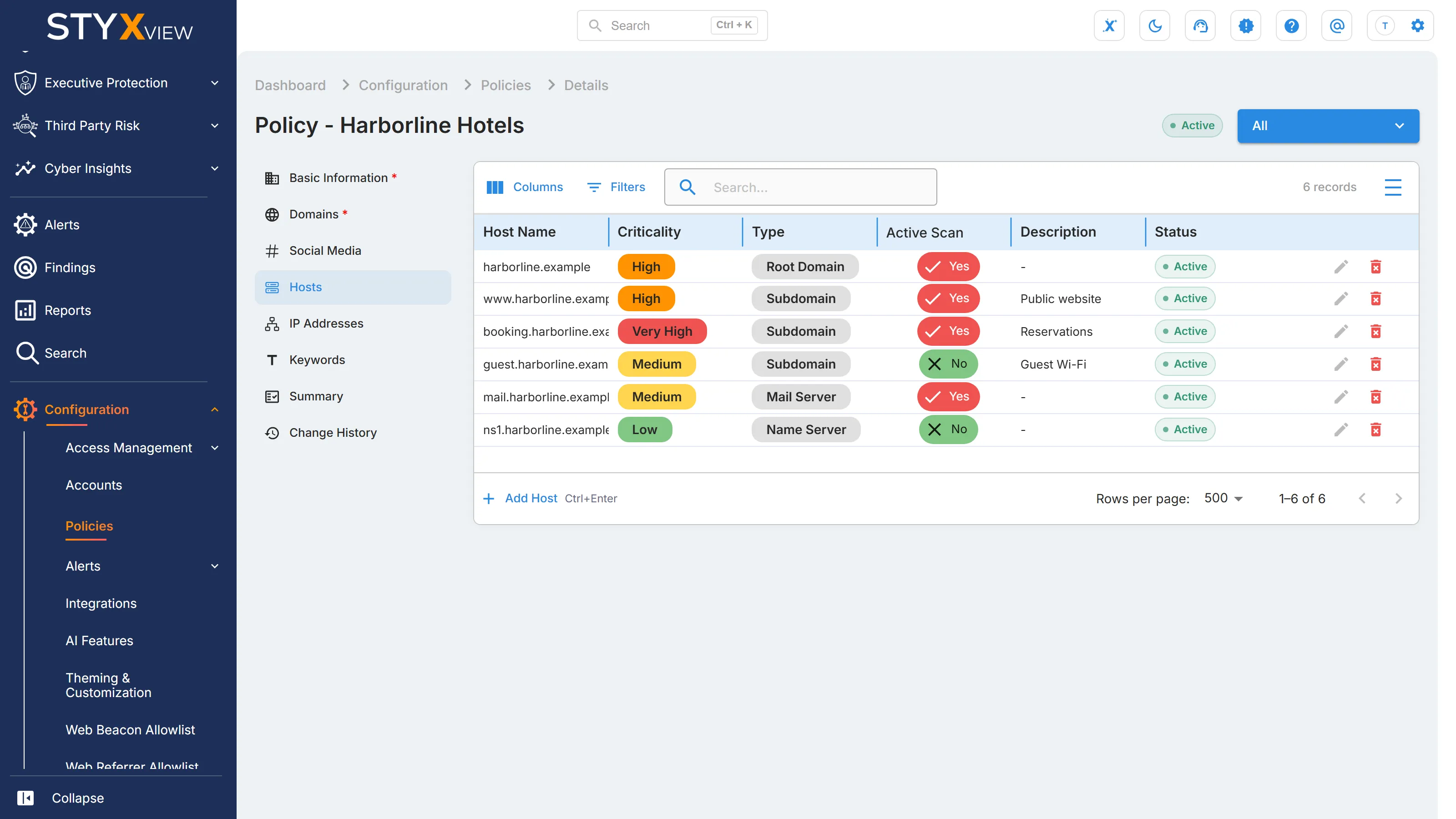 The "Hosts" section of a Third Party Risk policy in edit mode, with each host's type and status and "Add Host" below the table.