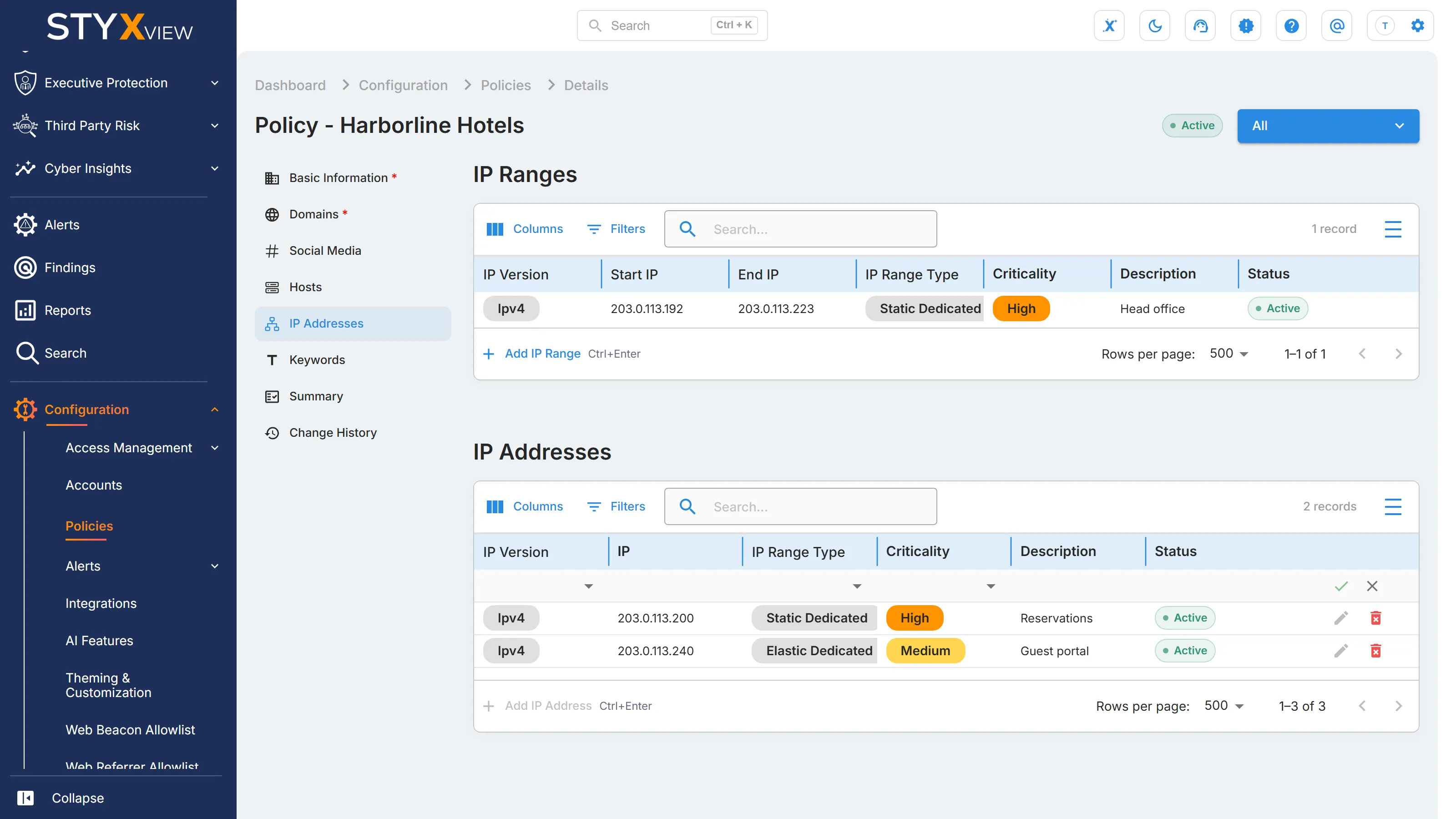 The "IP Addresses" section in edit mode, with the "IP Ranges" table above and a blank row opened by "Add IP Address" in the "IP Addresses" table.
