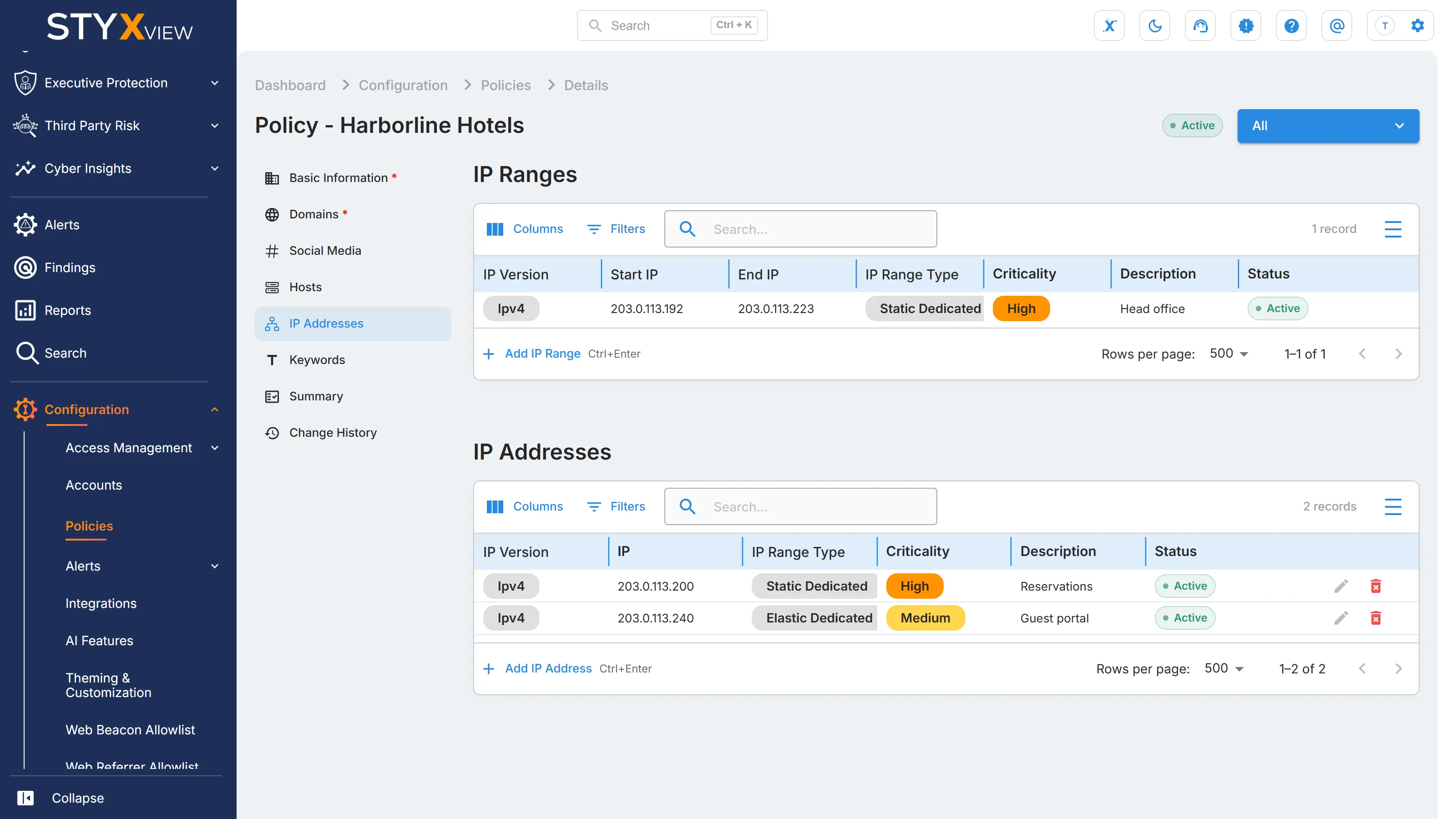 The "IP Addresses" section of a Third Party Risk policy in edit mode, with its "IP Ranges" and "IP Addresses" tables.