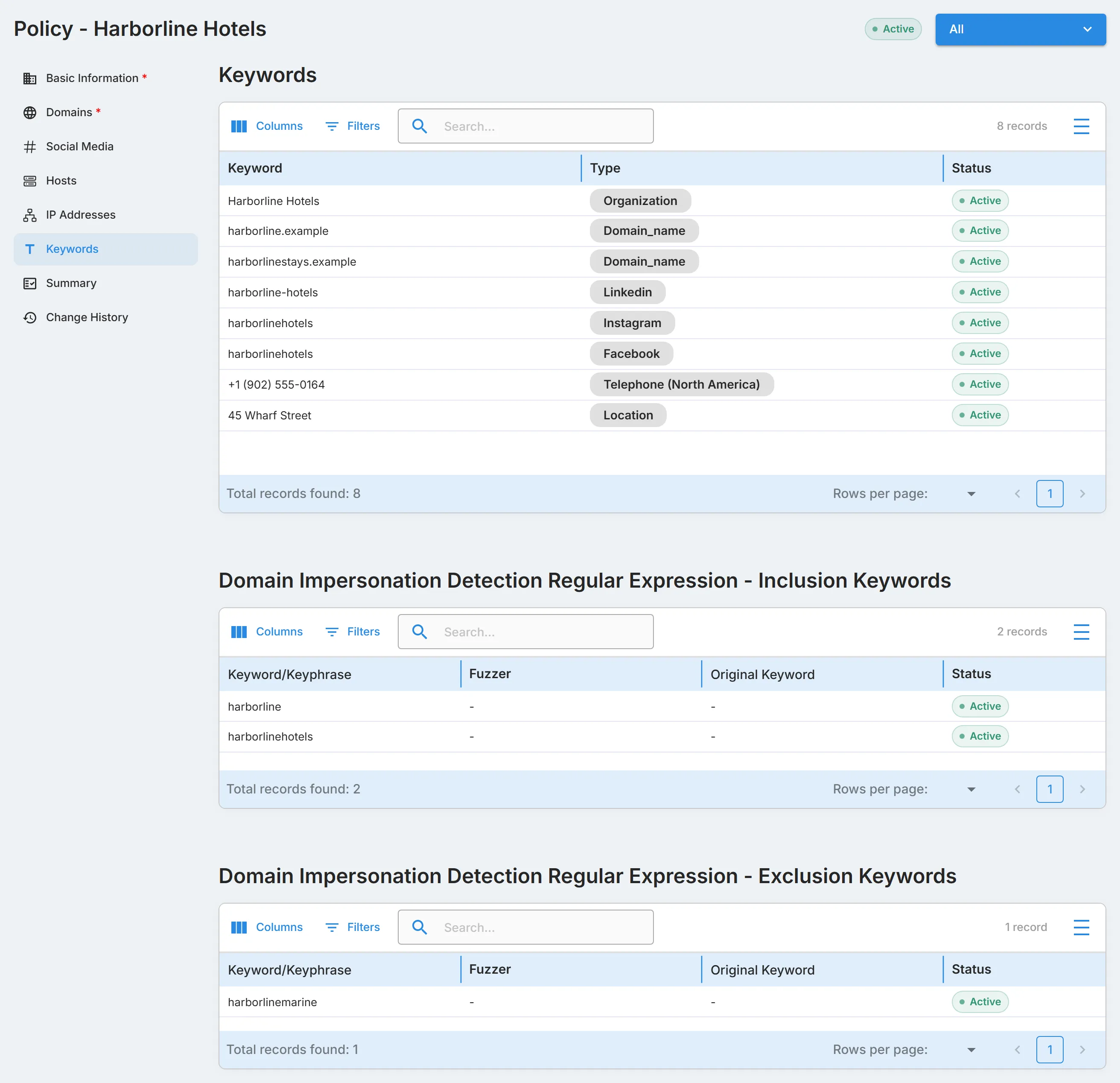 The "Keywords" section of a third party's policy, with its keywords and the inclusion and exclusion keywords for domain impersonation detection.