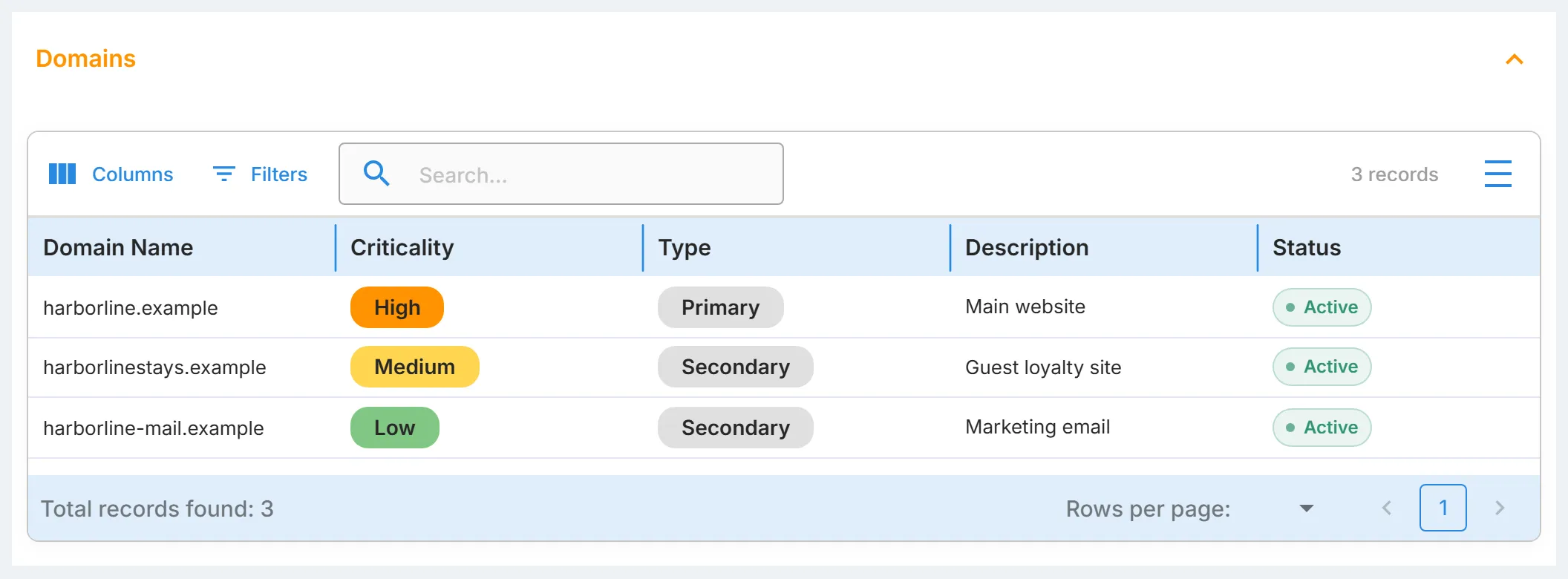The "Domains" entry expanded on the "Summary" section, showing the saved domains without leaving the page.