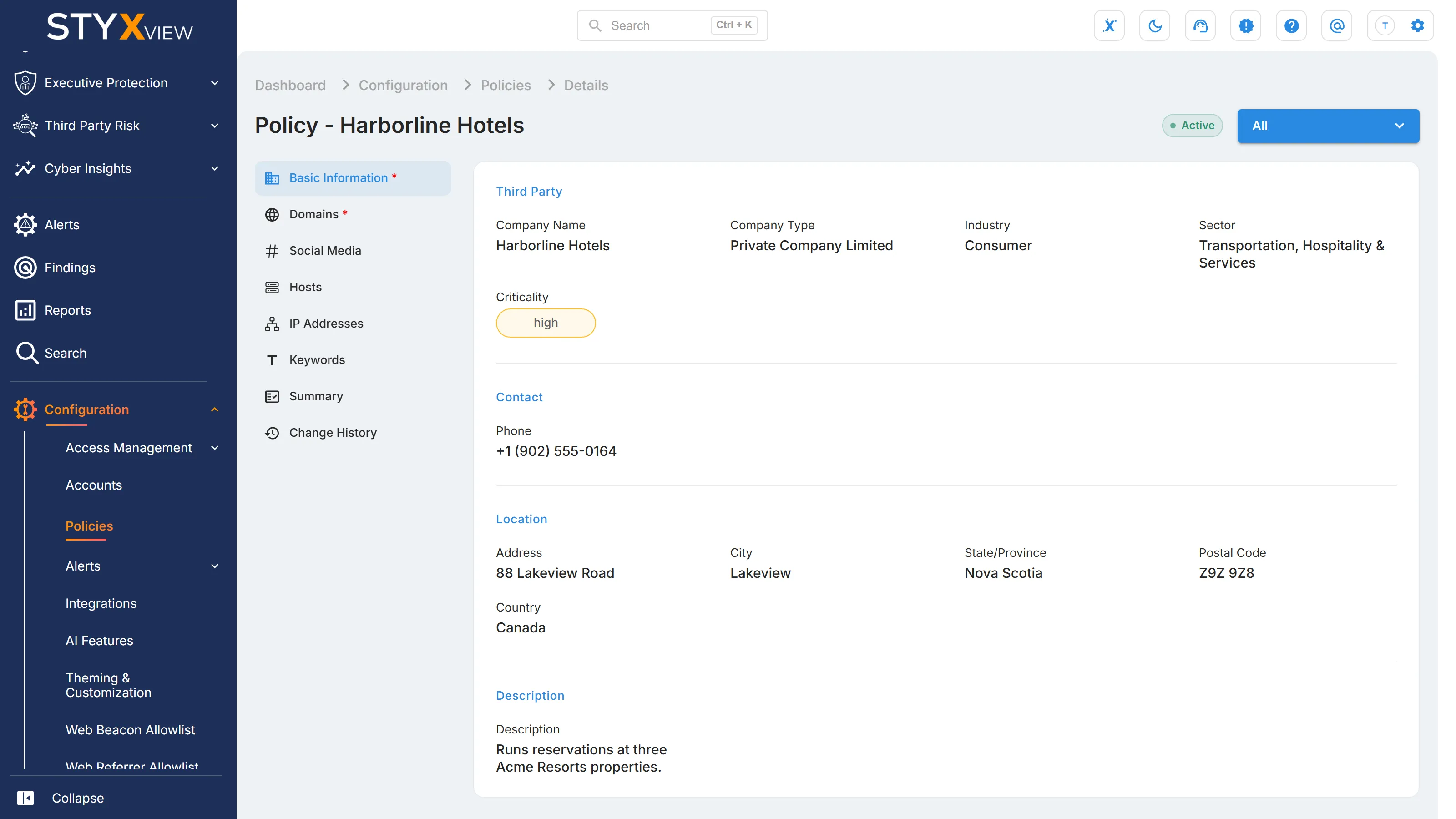 The "Basic Information" section of a third party's policy, with its company, contact, location, and description details.