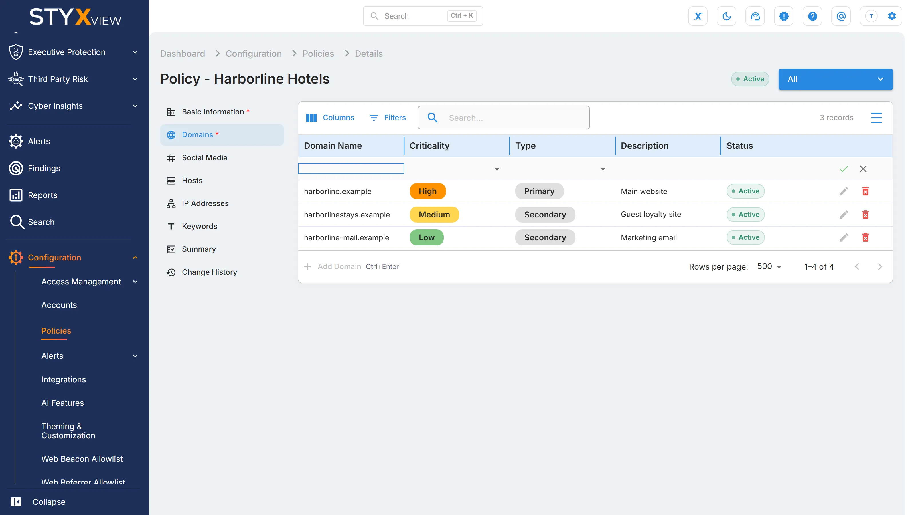 The "Domains" section of a third party's policy in edit mode, with a blank row opened by "Add Domain" at the top of the table.