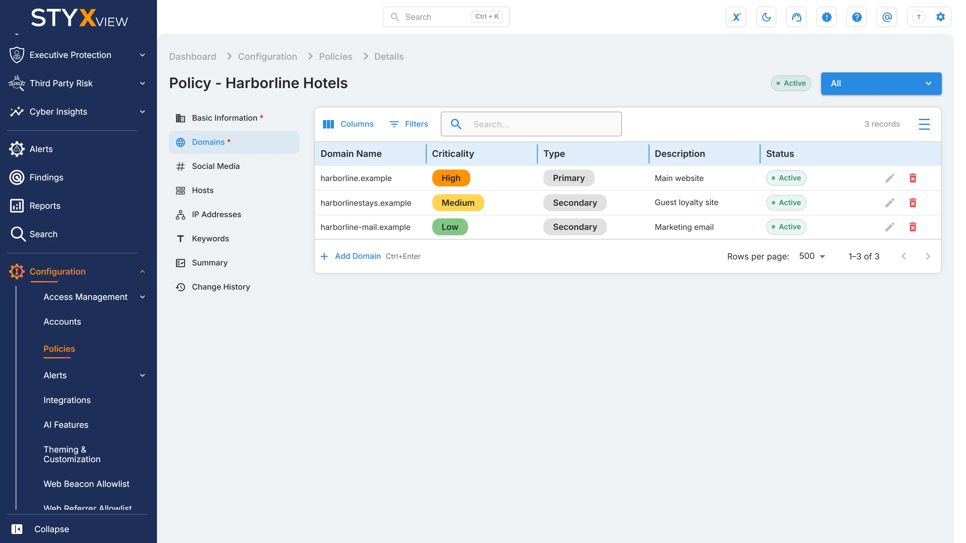 The "Domains" section of a Third Party Risk policy in edit mode, with each domain's status and "Add Domain" below the table.