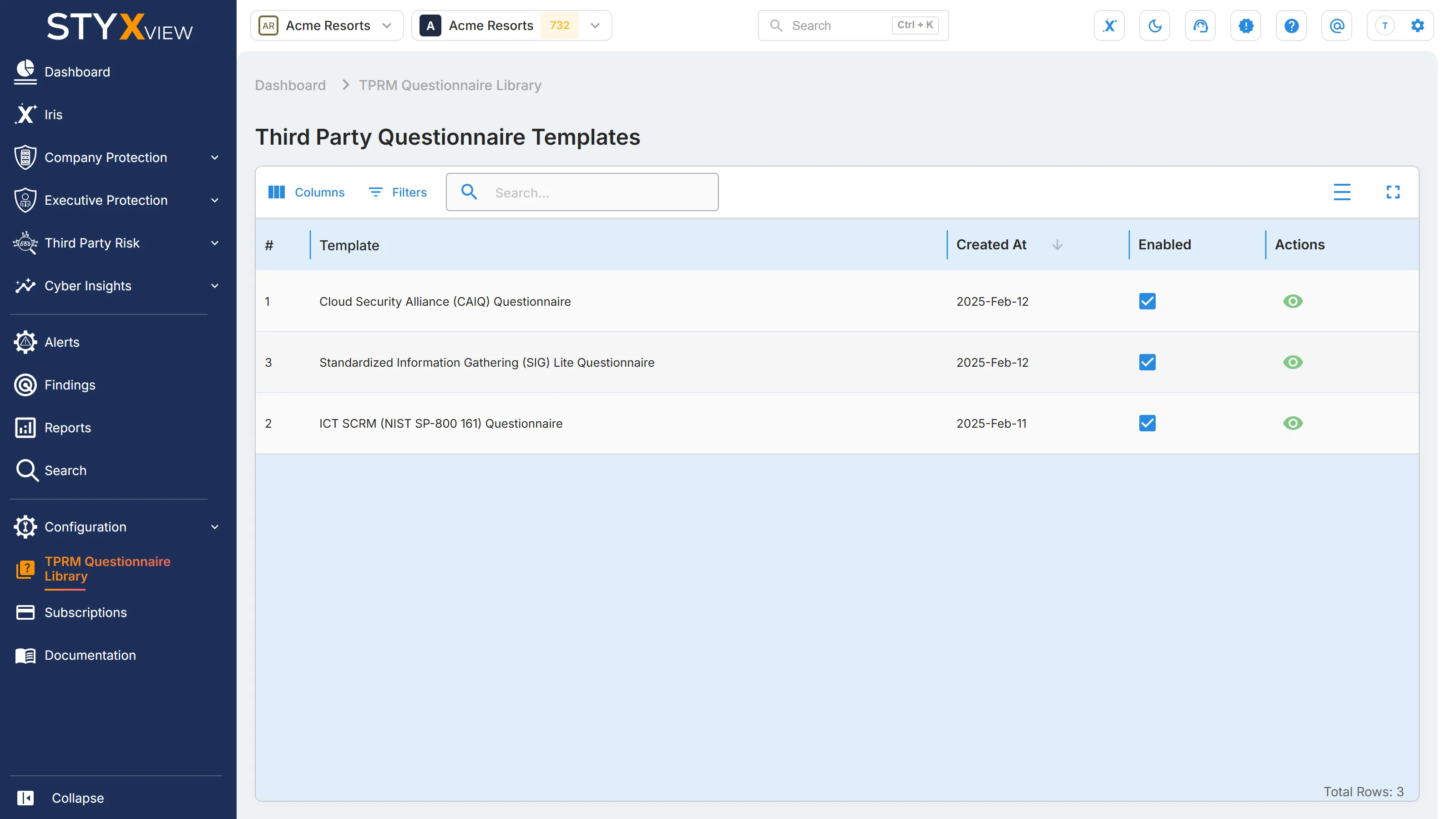 The "TPRM Questionnaire Library" page listing the questionnaire templates StyxView provides, with an "Enabled" checkbox and a view icon for each.