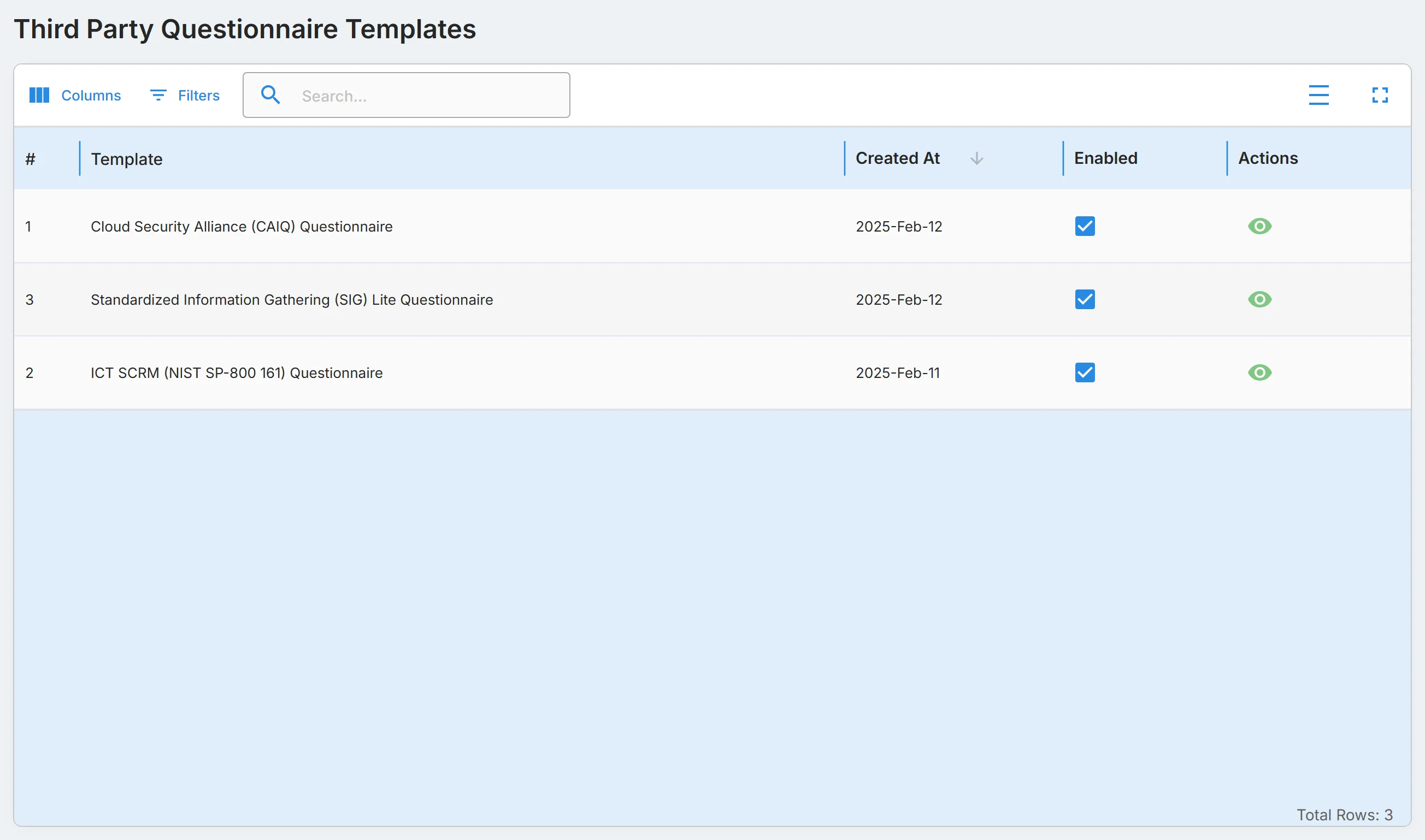 The "Third Party Questionnaire Templates" table, with the columns "#", "Template", "Created At", "Enabled", and "Actions".