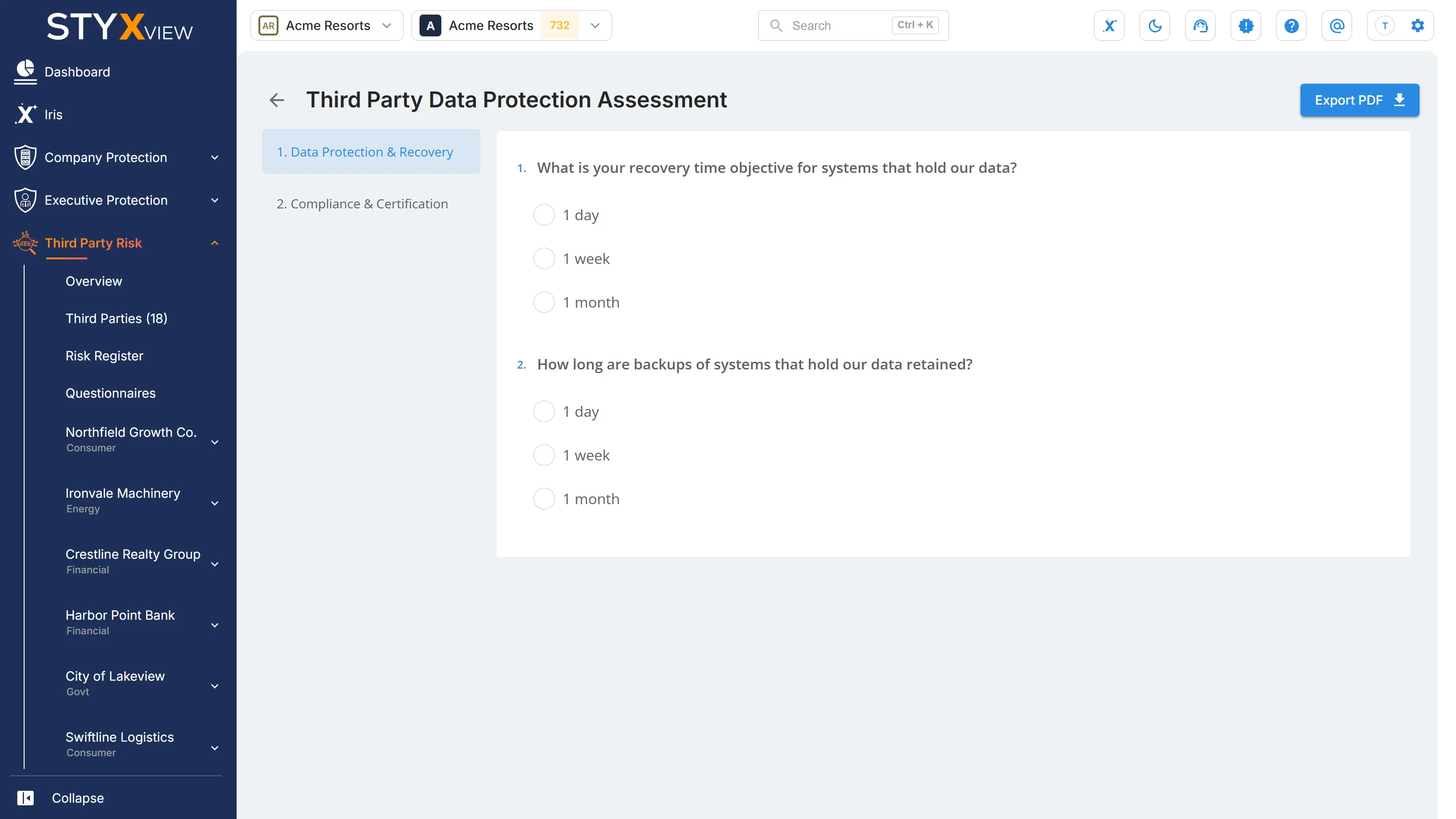 A template opened with "View Template" showing its sections and questions, with "Export PDF" for downloading it.