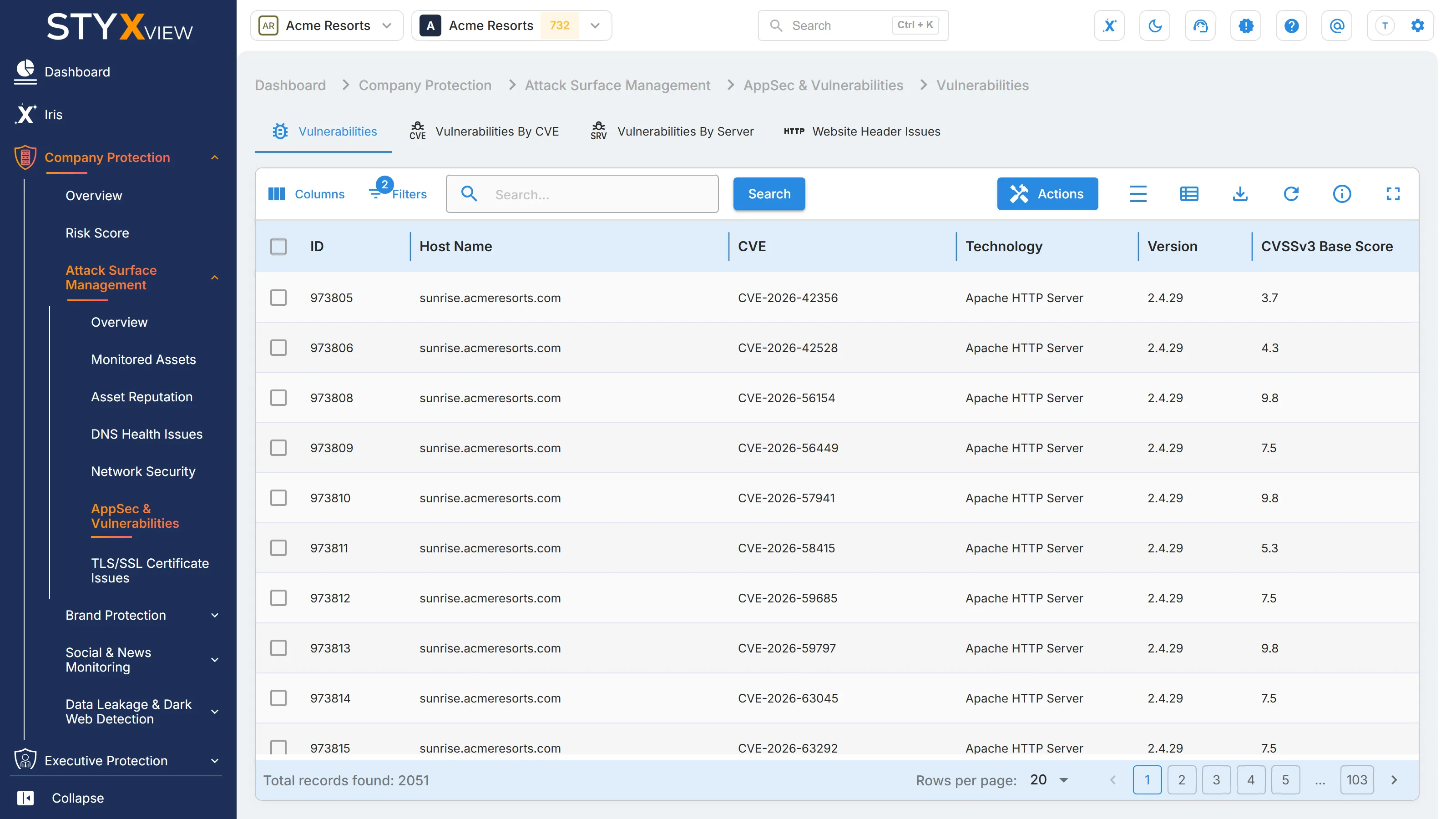 The "Vulnerabilities" tab, listing each CVE found on a host with its technology, version, and CVSSv3 base score.