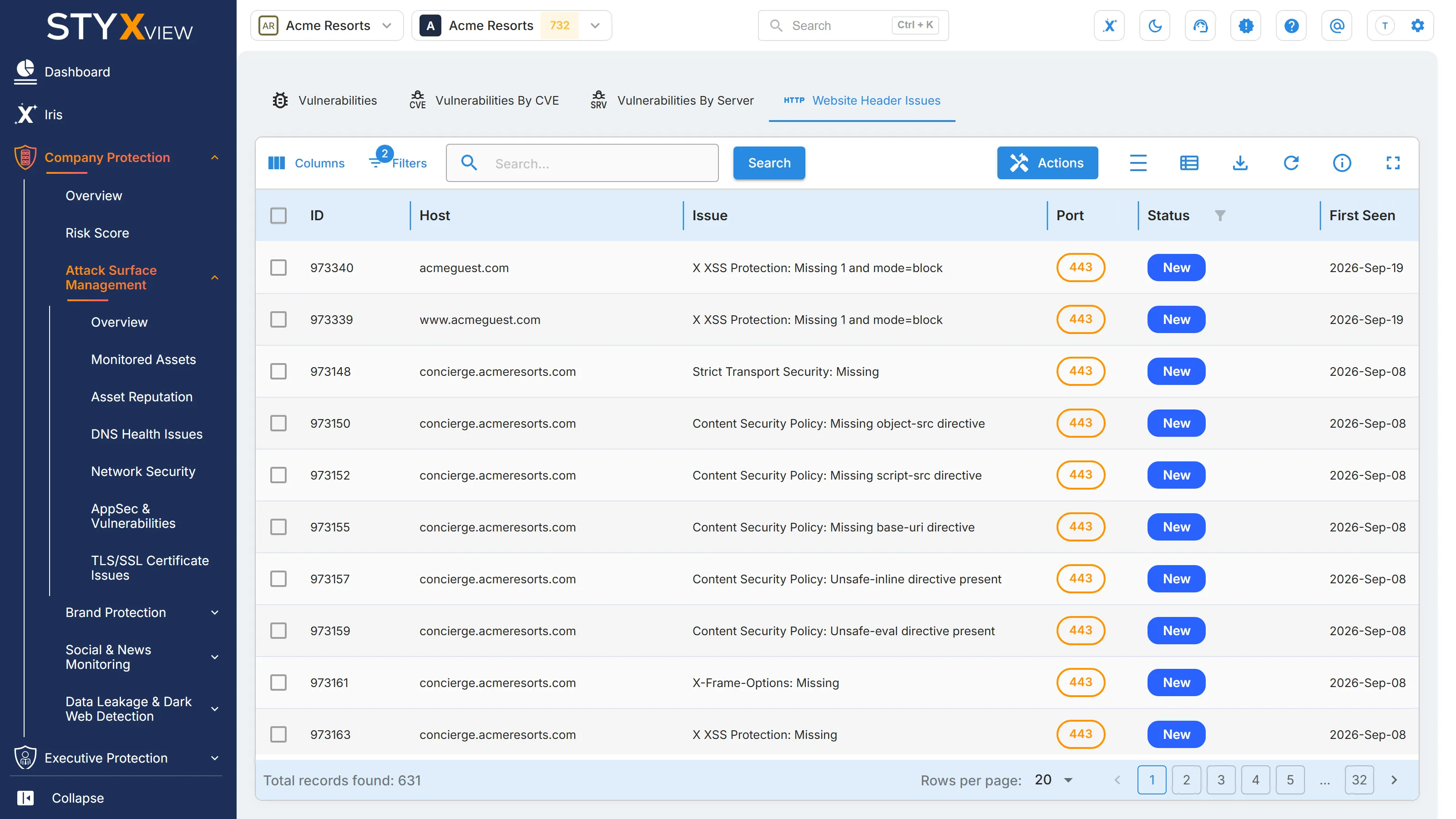 The "Website Header Issues" tab, listing each header issue with its host, port, status, and dates.